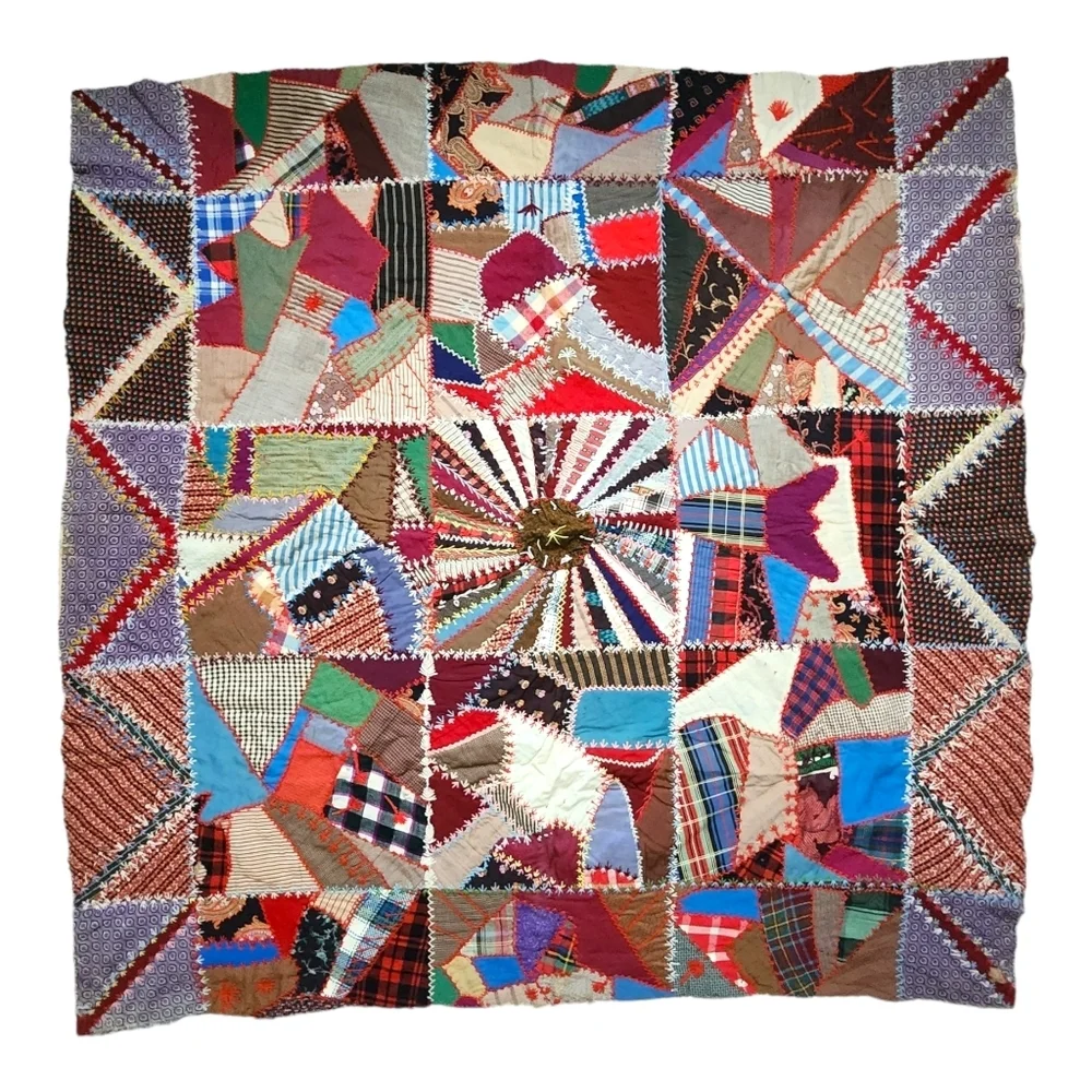 ANTIQUE Crazy Quilt top hand swen cotton quilt top to‎ be finished 65in x 65in